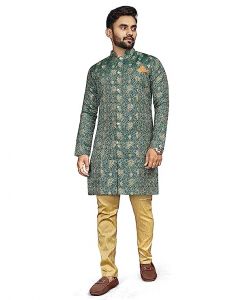 Green Gold Indo Western Sherwani Wedding Dress for Men Ethnic Wear